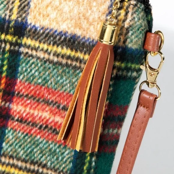 Plaid Vegan Leather Zipper Tassel Shoulder Crossbody Bag - Picture 3 of 6